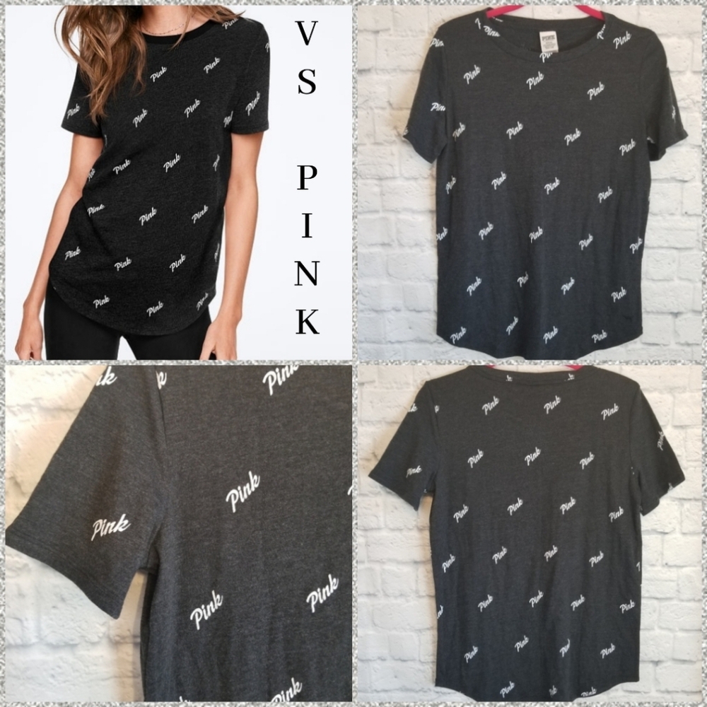 PINK Victoria's Secret Logo Charcoal Grey Everyday Crew Tee Shirt Medium New